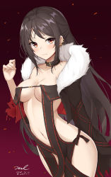 Rule 34 | 1girl, belt buckle, black choker, black coat, black dress, black hair, blush, breasts, buckle, center opening, choker, cleavage, closed mouth, coat, collarbone, cowboy shot, cropped jacket, dated, dress, ear piercing, earrings, fate/grand order, fate (series), fur trim, gradient background, hair intakes, half updo, hand up, jewelry, long hair, long sleeves, looking at viewer, medium breasts, navel, open clothes, open coat, orange eyes, piercing, red background, revealing clothes, sidelocks, signature, sleeves past wrists, solo, standing, stomach, torn clothes, twitter username, unel, very long hair, yu mei-ren (fate)