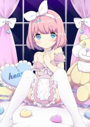 Rule 34 | 1girl, bare shoulders, blue eyes, blush, bob cut, bow, breasts, closed mouth, collarbone, curtains, detached sleeves, dress, frills, hair bow, hairband, hand on own chest, hand up, heart, heart-shaped pillow, indoors, looking at viewer, night, original, pillow, pink dress, pink hair, puffy detached sleeves, puffy sleeves, short hair, sitting, small breasts, solo, suzuki moeko, thighhighs, white bow, white thighhighs, window