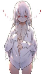 Rule 34 | 1girl, backlighting, blouse, collared shirt, flat chest, half-closed eyes, highres, long hair, naked shirt, original, otokuyou, red eyes, scar, shirt, simple background, sleeves past wrists, solo, standing, white background, white hair, white shirt