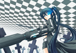Rule 34 | 10s, 1girl, arm cannon, athrun1120, bad id, bad pixiv id, bikini, bikini top only, black hair, black rock shooter, black rock shooter (character), blue eyes, cross, female focus, glowing, glowing eyes, gun, huge weapon, long hair, shorts, solo, swimsuit, sword, twintails, very long hair, vocaloid, weapon