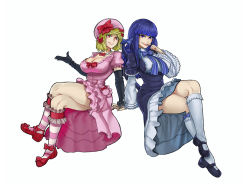 Rule 34 | 2girls, alternate breast size, blonde hair, blue hair, bow, breasts, cleavage, elbow gloves, covered erect nipples, frederica bernkastel, gloves, grin, hat, highres, lambdadelta, large breasts, legs, crossed legs, long hair, looking at viewer, multiple girls, aged up, purple eyes, red eyes, short hair, simple background, smile, the golden smurf, thighs, umineko no naku koro ni, white background, witch