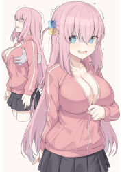 Rule 34 | 1girl, black skirt, blue eyes, blush, bocchi the rock!, grabbing another&#039;s breast, breasts, cleavage, collarbone, cube hair ornament, disembodied hand, gotoh hitori, grabbing, grabbing from behind, grey background, hair between eyes, hair ornament, jacket, large breasts, long hair, long sleeves, open mouth, pink hair, pink jacket, pleated skirt, shiseki hirame, simple background, skirt, sweat, thighs, zipper