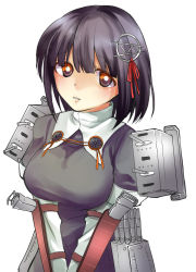 Rule 34 | 10s, 1girl, black hair, blush, breasts, brown eyes, cannon, elbow gloves, gloves, haguro (kancolle), hair ornament, kantai collection, personification, sayama yoshiki, short hair, skirt, solo, torpedo, turret, white gloves