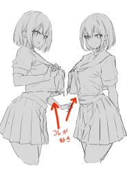 Rule 34 | 2girls, absurdres, breasts, commentary request, cowboy shot, cropped legs, greyscale, highres, large breasts, looking at viewer, midriff, monochrome, multiple girls, neckerchief, original, pleated skirt, sailor collar, school uniform, serafuku, shirt overhang, short hair, simple background, sketch, skirt, translation request, white background, yamanokami eaka