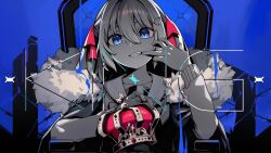 1girl arm_support blue_background blue_eyes bow bowtie cardigan commentary crown english_commentary grin hair_between_eyes hair_ornament hair_ribbon heart heart_hair_ornament highres holding holding_crown indie_virtual_youtuber king_(vocaloid) long_hair long_sleeves looking_at_viewer neuro-sama red_crown red_ribbon ribbon sailor_collar school_uniform serafuku sidelocks sitting smile solo throne two_side_up unworn_crown upper_body virtual_youtuber zer0chroma