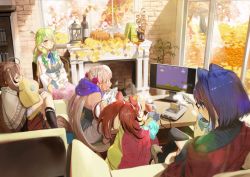 Rule 34 | 5girls, absurdres, autumn, autumn leaves, bespectacled, blanket, blonde hair, bookshelf, ceres fauna, couch, cup, dark-skinned female, dark skin, fireplace, flower, fluffy, game console, glasses, green hair, hair flower, hair ornament, hakos baelz, highres, hololive, hololive english, indoors, iris (tb33064667), leaf, long hair, mario (series), multiple girls, nanashi mumei, nintendo, hugging object, ouro kronii, pillow, pillow hug, playing games, pumpkin, steam, super famicom, teeth, tree, tsukumo sana, tsukumo sana (1st costume), twintails, upper teeth only, virtual youtuber, yellow eyes