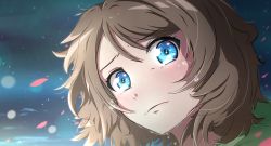 Rule 34 | bad id, bad pixiv id, blue eyes, blurry, brown hair, crying, crying with eyes open, frown, highres, light brown hair, lips, looking at viewer, love live!, love live! sunshine!!, night, night sky, pugpuggy, sad, self-upload, short hair, sky, solo, swept bangs, tears, watanabe you, wind, wind lift