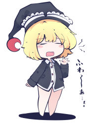 Rule 34 | 1girl, barefoot, black hat, blonde hair, blush stickers, buttons, chahan (fried rice0614), crescent, crescent hat ornament, full body, hat, hat ornament, highres, long sleeves, lunasa prismriver, one-hour drawing challenge, open mouth, short hair, simple background, sleepy, solo, touhou, white background, yawning