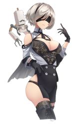 1girl, absurdres, black bra, black footwear, black gloves, black legwear, black neckwear, black panties, black skirt, blindfold, boots, bra, breasts, cleavage, closed mouth, gloves, hairband, hand up, harris hero, highres, large breasts, looking at viewer, mole, mole under mouth, nier (series), nier automata, open clothes, open shirt, original, panties, platinum blonde hair, shirt, short hair, skirt, solo, standing, thigh boots, thighhighs, underwear, white background, white shirt, yorha no. 2 type b