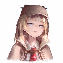 Rule 34 | 1girl, absurdres, blonde hair, blue eyes, deerstalker, disgust, hair ornament, hat, highres, hololive, hololive english, hyde (tabakko), looking at viewer, necktie, signature, simple background, solo, upper body, virtual youtuber, watson amelia, white background
