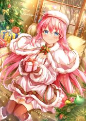 Rule 34 | blue eyes, blush, bocchi the rock!, boots, box, breasts, capelet, christmas, christmas tree, cleavage, closed mouth, couch, cube hair ornament, dress, fur-trimmed capelet, fur-trimmed dress, fur-trimmed footwear, fur-trimmed gloves, fur trim, gift, gift box, gloves, gotoh hitori, hair ornament, highres, holding, holding gift, indoors, kikugawa roku, long hair, long sleeves, looking at viewer, medium breasts, merry christmas, neck ribbon, on couch, pink capelet, pink dress, pink hair, red gloves, red thighhighs, ribbon, sitting, thighhighs, window