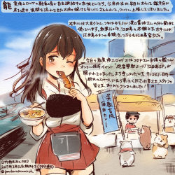 Rule 34 | 10s, 1girl, 2017, akagi (kancolle), animal, bowl, brown eyes, brown hair, chopsticks, colored pencil (medium), commentary request, dated, eating, food, hakama, hakama skirt, hamster, holding, holding bowl, holding food, japanese clothes, kantai collection, kirisawa juuzou, long hair, muneate, nontraditional miko, noodles, numbered, one eye closed, open mouth, red hakama, skirt, smile, tasuki, traditional media, translation request, twitter username, udon, white legwear