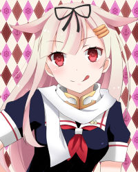 Rule 34 | 10s, 1girl, :q, argyle background, argyle clothes, artist request, blush, diamond (gemstone), diamond (shape), female focus, kantai collection, long hair, looking at viewer, red eyes, smile, solo, tongue, tongue out, yuudachi (kancolle)