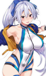 Rule 34 | 1girl, :d, armpits, blush, breasts, competition swimsuit, fate/grand order, fate (series), highres, jacket, kurowa, looking at viewer, one-piece swimsuit, open mouth, ponytail, red eyes, silver hair, simple background, smile, solo, swimsuit, tomoe gozen (fate), tomoe gozen (swimsuit saber) (fate), tomoe gozen (swimsuit saber) (first ascension) (fate), turtleneck, turtleneck one-piece swimsuit, white background