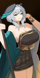 Rule 34 | 1girl, aqua eyes, arknights, bare shoulders, black background, black dress, bracelet, breasts, cleavage, commentary, cowboy shot, dress, grey hair, grin, head wings, highres, ho&#039;olheyak (arknights), ho&#039;olheyak (carriage of the winds of time) (arknights), jewelry, large breasts, looking at viewer, medium hair, off shoulder, official alternate costume, simple background, smile, solo, standing, strapless, strapless dress, thighs, tofudofu, wings