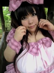 Rule 34 | 1girl, asian, black hair, bow, breasts, fat, huge breasts, lowres, luu (cosplayer), photo (medium), solo