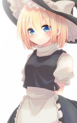 Rule 34 | 1girl, alice margatroid, aoi (annbi), apron, blonde hair, blue eyes, blush, bow, cosplay, hat, hat bow, kirisame marisa, kirisame marisa (cosplay), puffy short sleeves, puffy sleeves, shirt, short hair, short sleeves, simple background, skirt, skirt set, solo, touhou, waist apron, witch hat