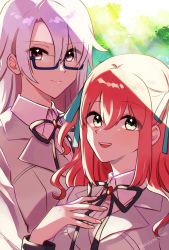 Rule 34 | 2girls, absurdres, akaishi yashi, black ribbon, blue-framed eyewear, blue ribbon, breasts, chromatic aberration, closed mouth, collared shirt, commentary request, day, fingernails, green eyes, grey hair, grey jacket, hair between eyes, hair ribbon, hand on own chest, hand up, highres, jacket, long hair, long sleeves, looking at viewer, looking over eyewear, medium breasts, multiple girls, neck ribbon, oogami shiro, outdoors, parted lips, pink eyes, red hair, ribbon, school uniform, semi-rimless eyewear, shade, shirt, shoujo kageki revue starlight, shoujo kageki revue starlight -re live-, smile, sunlight, takachiho stella, teeth, twitter username, two side up, under-rim eyewear, upper body, upper teeth only, white shirt