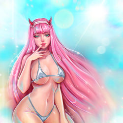 Rule 34 | 1girl, absurdres, aqua eyes, artist name, bare arms, bare shoulders, bikini, blackfuryart, breasts, commentary, darling in the franxx, fingernails, hand up, highleg, highleg bikini, highres, horns, leotard, lips, long hair, looking at viewer, medium breasts, navel, parted lips, pink hair, shiny skin, signature, simple background, solo, stomach, swimsuit, thighs, zero two (darling in the franxx)