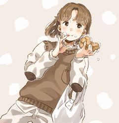 Rule 34 | 1girl, absurdres, bag, blush, bob cut, brown eyes, brown hair, cream, cream on face, cream puff, dutch angle, elbow pads, food, food on face, grocery bag, highres, kana (okitasougo222), licking, licking finger, long sleeves, original, pants, shirt, shopping bag, short hair, simple background, solo, sweater vest, tongue, white pants