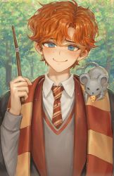 Rule 34 | 1boy, blue eyes, day, familiar, freckles, grey sweater, harry potter (series), highres, holding, holding wand, micha, mouse (animal), necktie, orange hair, outdoors, red necktie, ron weasley, scarf, school uniform, smile, solo, striped clothes, striped scarf, sweater, tree, upper body, wand, wizarding world