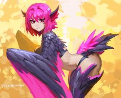 Rule 34 | 1girl, animal ears, ass, bird ears, bird legs, bird tail, black feathers, centralhanyuu, commentary, feathered wings, feathers, harpy, leaning forward, looking at viewer, medium hair, monster girl, original, pink feathers, pink hair, red eyes, solo, tail, twitter username, two-tone tail, two-tone wings, winged arms, wings
