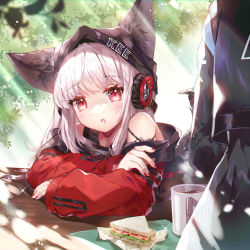 Rule 34 | 1girl, animal ears, arknights, arm support, arms on table, bare shoulders, blush, coffee mug, cup, dappled sunlight, drooling, ears through headwear, eyelashes, eyes visible through hair, food, fox ears, frostleaf (arknights), head tilt, headphones, highres, implied extra ears, leaf, light particles, long hair, long sleeves, looking at viewer, material growth, mug, nail polish, ninjinshiru, oripathy lesion (arknights), parted lips, red eyes, saliva, sandwich, solo focus, sunlight, table, white hair