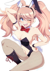 Rule 34 | 1girl, animal ears, arm up, bare shoulders, bear hair ornament, black footwear, black leotard, blonde hair, blue eyes, blush, boots, bow, bowtie, breasts, cleavage, collarbone, danganronpa: trigger happy havoc, danganronpa (series), detached collar, enoshima junko, fake animal ears, fishnet pantyhose, fishnets, grey background, hair ornament, highres, knee boots, large breasts, leotard, long hair, navel, official alternate costume, one eye closed, pantyhose, playboy bunny, red bow, red bowtie, sharp teeth, shiny skin, simple background, solo, teeth, tongue, tsunemi aosa, twintails, white leotard