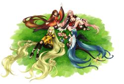 Rule 34 | 4girls, absurdly long hair, asymmetrical wings, baiken, belt, blonde hair, blue hair, breasts, brown hair, brush, chinese clothes, cleavage, closed eyes, covered erect nipples, detached sleeves, dizzy (guilty gear), eyepatch, fingerless gloves, flower, frown, gloves, grass, guilty gear, guilty gear xrd, hair between eyes, hair ornament, hair ribbon, hairclip, hand up, high heels, highres, jako (toyprn), japanese clothes, kimono, kuradoberi jam, large breasts, license plate, long hair, medium breasts, millia rage, monster girl, multiple girls, one-eyed, open mouth, pantyhose, parted lips, pink hair, ribbon, sash, scar, scar across eye, scar on face, seiza, sitting, smile, smoking pipe, tail, tail ornament, tail ribbon, thick thighs, thigh strap, thighhighs, thighs, very long hair, white background, wings, yellow ribbon