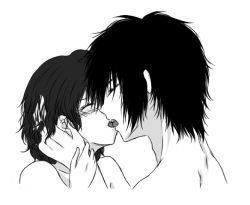 1boy 1girl akatsuki_no_yona hak_(akatsuki_no_yona) hetero kiss monochrome nude short_hair tongue yona_(akatsuki_no_yona)