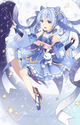 Rule 34 | 1girl, 2017, beamed quavers, blue eyes, blue hair, character name, detached sleeves, dress, earrings, elbow gloves, fingerless gloves, gloves, hatsune miku, highres, jewelry, long hair, musical note, nana (koadenium1), open mouth, quaver, scarf, snowflakes, staff (music), star (sky), star (symbol), thighhighs, treble clef, twintails, very long hair, vocaloid, wand, yuki miku, yukine (vocaloid)