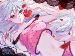 Rule 34 | 1girl, apple, bare arms, bed sheet, blue hair, blue nails, blurry, breasts, camisole, collarbone, commentary, depth of field, eyelashes, falling petals, food, frilled camisole, frills, fruit, hair down, hatsune miku, holding, holding food, holding fruit, light blue hair, long hair, looking at viewer, lying, madori azu, medium breasts, midriff, navel, on back, on bed, pale skin, parted lips, petals, pink camisole, polka dot camisole, red apple, romeo to cinderella (vocaloid), solo, strap slip, thorns, underboob, vocaloid