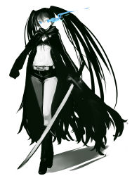 Rule 34 | 10s, 1girl, bikini, bikini top only, black hair, black rock shooter, black rock shooter (character), blue eyes, boots, coat, female focus, full body, glowing, glowing eyes, highres, hirokiku, long hair, monochrome, navel, pale skin, scar, shorts, simple background, solo, spot color, swimsuit, sword, twintails, very long hair, weapon, white background