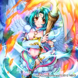 Rule 34 | .hack//, .hack//sign, 00s, 10s, 1girl, 2012, angel wings, bad id, bad pixiv id, blue hair, brown eyes, bubble skirt, copyright name, detached collar, detached sleeves, facial mark, fire, forehead mark, frown, guilty dragon, magic, midriff, short hair, skirt, solo, staff, subaru (.hack//), takatsuki ichi, tattoo, torn clothes, white skirt, white wings, wings