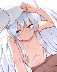 Rule 34 | 10s, 1boy, 1girl, bad id, bad pixiv id, bed sheet, blue eyes, dutch angle, flat chest, hair censor, hat, hesogoma, hibiki (kancolle), highres, jewelry, kantai collection, long hair, navel, nude, petite, pov, ring, silver hair, solo focus, verniy (kancolle)