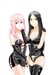 Rule 34 | 2girls, absurdres, black hair, boots, corset, dominatrix, elbow gloves, gloves, highres, latex, leather, multiple girls, next gate 1999, pink eyes, pink hair, red eyes