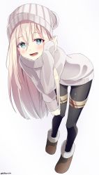 Rule 34 | 10s, 1girl, :d, ankle boots, beanie, bent over, black pantyhose, blonde hair, blue eyes, blush, boots, brown footwear, dress, eyebrows, full body, fur-trimmed boots, fur trim, grey sweater, hair between eyes, tucking hair, hat, highres, kantai collection, long hair, long sleeves, looking at viewer, open mouth, pantyhose, shirousa, simple background, sleeves past wrists, smile, solo, standing, striped, sweater, sweater dress, thigh strap, turtleneck, twitter username, u-511 (kancolle), white background