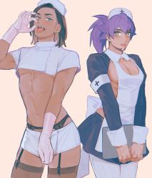 Rule 34 | 2boys, abs, alternate costume, alternate hairstyle, apron, black hair, blush, clipboard, commentary request, creatures (company), crop top, cropped jacket, crossdressing, dark-skinned male, dark skin, earrings, facial hair, game freak, garter straps, gloves, hand up, hat, jewelry, leon (pokemon), long hair, long sleeves, looking at viewer, male focus, meiji (meiji770), multiple boys, navel, nintendo, nurse cap, open mouth, own hands together, pantyhose, pectorals, pink gloves, pokemon, pokemon swsh, ponytail, purple hair, raihan (pokemon), short sleeves, skirt, teeth, thighhighs, tongue, tongue out, trap, white apron, white legwear, white skirt