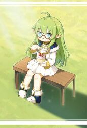 Rule 34 | 1girl, :q, absurdres, ahoge, aqua eyes, cake, chinese commentary, commentary request, food, full body, fur trim, glasses, gold trim, grass, green hair, highres, holding, holding plate, holding spoon, kuma-bound, long hair, on bench, original, outdoors, plate, pointy ears, sitting, solo, spoon, sunlight, tongue, tongue out