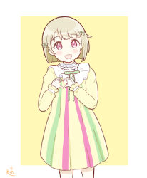 Rule 34 | 1girl, artist name, artist request, blush, border, bow, bowtie, breasts, brown hair, collar, dress, female focus, frilled collar, frilled sleeves, frills, green bow, green ribbon, grey hair, hair bow, hair ribbon, heart, heart hands, light brown hair, long sleeves, looking at viewer, love live!, love live! nijigasaki high school idol club, love live! school idol festival, miniskirt, mutekikyuu believer, nakasu kasumi, neck ribbon, neck ruff, parted lips, pink eyes, plaid, plaid dress, plaid skirt, pleated, pleated dress, pleated skirt, puffy long sleeves, puffy sleeves, purple eyes, ribbon, short hair, skirt, sleeves past wrists, small breasts, smile, solo, striped clothes, striped dress, vertical-striped clothes, vertical-striped dress, white border, white detached collar, yellow background, yellow dress, yellow skirt