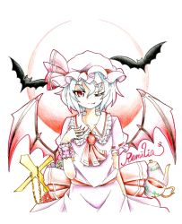 Rule 34 | 1girl, ascot, bat (animal), bat wings, bow, character name, collarbone, cross, cup, eyelashes, fingernails, flower, full moon, goku (acoloredpencil), gokuu (acoloredpencil), hand on own chest, hat, hat ribbon, highres, looking at viewer, moon, nail polish, one eye closed, outline, red eyes, remilia scarlet, ribbon, sharp fingernails, short hair, short sleeves, smile, solo, teacup, teapot, touhou, traditional media, white background, white hair, wings, wink, wrist cuffs