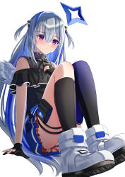 Rule 34 | 1girl, amane kanata, amane kanata (work), arm support, bare shoulders, black bow, black gloves, black shirt, black socks, black thighhighs, blue hair, blue skirt, blue thighhighs, boots, bow, commentary request, feathered wings, frilled skirt, frills, gloves, gradient legwear, hair bow, hair ornament, highres, hololive, kneehighs, knees up, long hair, looking at viewer, mini wings, multicolored hair, natsuki (natukituki), off-shoulder shirt, off shoulder, panties, partially fingerless gloves, shirt, shoe soles, silver hair, simple background, single kneehigh, single sock, single thighhigh, sitting, skirt, socks, solo, star (symbol), star hair ornament, thighhighs, two-tone hair, two side up, underwear, very long hair, virtual youtuber, white background, white footwear, white panties, white wings, wings