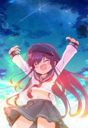 Rule 34 | 10s, 1girl, ^ ^, absurdres, akatsuki (kancolle), anchor symbol, arm up, arms up, blush, closed eyes, cloud, closed eyes, flat cap, hat, highres, kantai collection, long sleeves, navel, open mouth, pleated skirt, purple hair, sailor collar, school uniform, serafuku, shiro9jira, shooting star, skirt, sky, smile, solo, sunlight, wrists extended