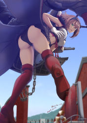 Rule 34 | 1girl, anchor, black panties, black skirt, boots, breasts, brown hair, capelet, flipped hair, focused, from below, giant, giantess, gloves, green eyes, headgear, kantai collection, knee boots, large breasts, looking at viewer, metal belt, midriff, moke ro, museum, mutsu (kancolle), mutsu kai ni (kancolle), outdoors, panties, pantyshot, pleated skirt, propeller, red footwear, red legwear, rigging, short hair, size difference, skirt, solo, standing, turret, twitter username, underwear, white gloves