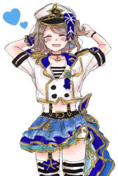 Rule 34 | 1girl, anchor necklace, anchor symbol, artist name, artist request, belt, black belt, black gloves, blue ribbon, blue skirt, blush, breasts, closed eyes, collarbone, collared shirt, cowboy shot, female focus, gloves, grey hair, heart, jewelry, light brown hair, looking at viewer, love live!, love live! school idol festival, love live! school idol festival all stars, love live! sunshine!!, natsume72, necklace, pants, ribbon, shirt, short hair, short shorts, shorts, skirt, solo, striped clothes, striped legwear, striped shirt, watanabe you, white background, white gloves, white headwear, white pants, white shirt, white shorts