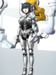 Rule 34 | android, arms at sides, breasts, expressionless, green eyes, high heels, highres, lips, machinery, mechanical ears, mechanical parts, nemoinu, original, plug, robot, standing, wire