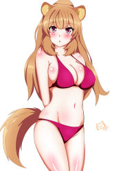 Rule 34 | 1girl, absurdres, animal ear fluff, animal ears, blush, brown hair, highres, looking to the side, navel, parted lips, purple eyes, raccoon ears, raccoon girl, raccoon tail, raphtalia, shiny skin, simple background, skindentation, solo, swimsuit, tail, tate no yuusha no nariagari, white background