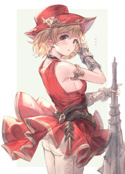 Rule 34 | 1girl, :o, ^^^, armlet, bad id, bad pixiv id, bare shoulders, belt, black choker, black gloves, blonde hair, blush, border, breasts, brown eyes, choker, cowboy shot, djeeta (granblue fantasy), dress, elbow gloves, fingerless gloves, from side, gloves, granblue fantasy, grey background, highres, holding, holding weapon, looking at viewer, looking to the side, mace, medium breasts, milli little, monk (granblue fantasy), outside border, pants, parted lips, red dress, red headwear, short hair, sideboob, simple background, sleeveless, sleeveless dress, solo, weapon, white border, white pants