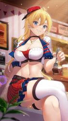 Rule 34 | 1girl, artist request, black choker, blonde hair, blue eyes, breasts, choker, cleavage, collarbone, crop top, cropped jacket, crossed legs, fork, girl cafe gun, grin, groin, highres, holding, jacket, jewelry, juno emmons, large breasts, layered skirt, long hair, looking at viewer, midriff, miniskirt, navel, necklace, official art, open clothes, open jacket, red headwear, red skirt, shirt, short sleeves, sideways hat, single thighhigh, sitting, skirt, smile, solo, stomach, striped clothes, striped skirt, thigh strap, thighhighs, waitress, white jacket, white shirt, white thighhighs