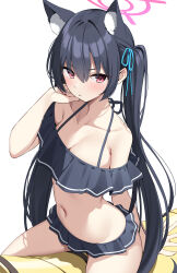 Rule 34 | 1girl, absurdres, animal ears, bare shoulders, bikini, black bikini, black hair, blue archive, blush, breasts, cat ears, collarbone, extra ears, frilled bikini, frills, halo, highres, long hair, navel, off-shoulder bikini, off shoulder, official alternate costume, open mouth, red eyes, serika (blue archive), serika (swimsuit) (blue archive), small breasts, solo, suiroh (shideoukami), swimsuit, thighs, twintails